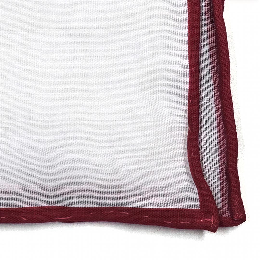 Close up detail of linen texture on Burgundy Border Linen pocket square