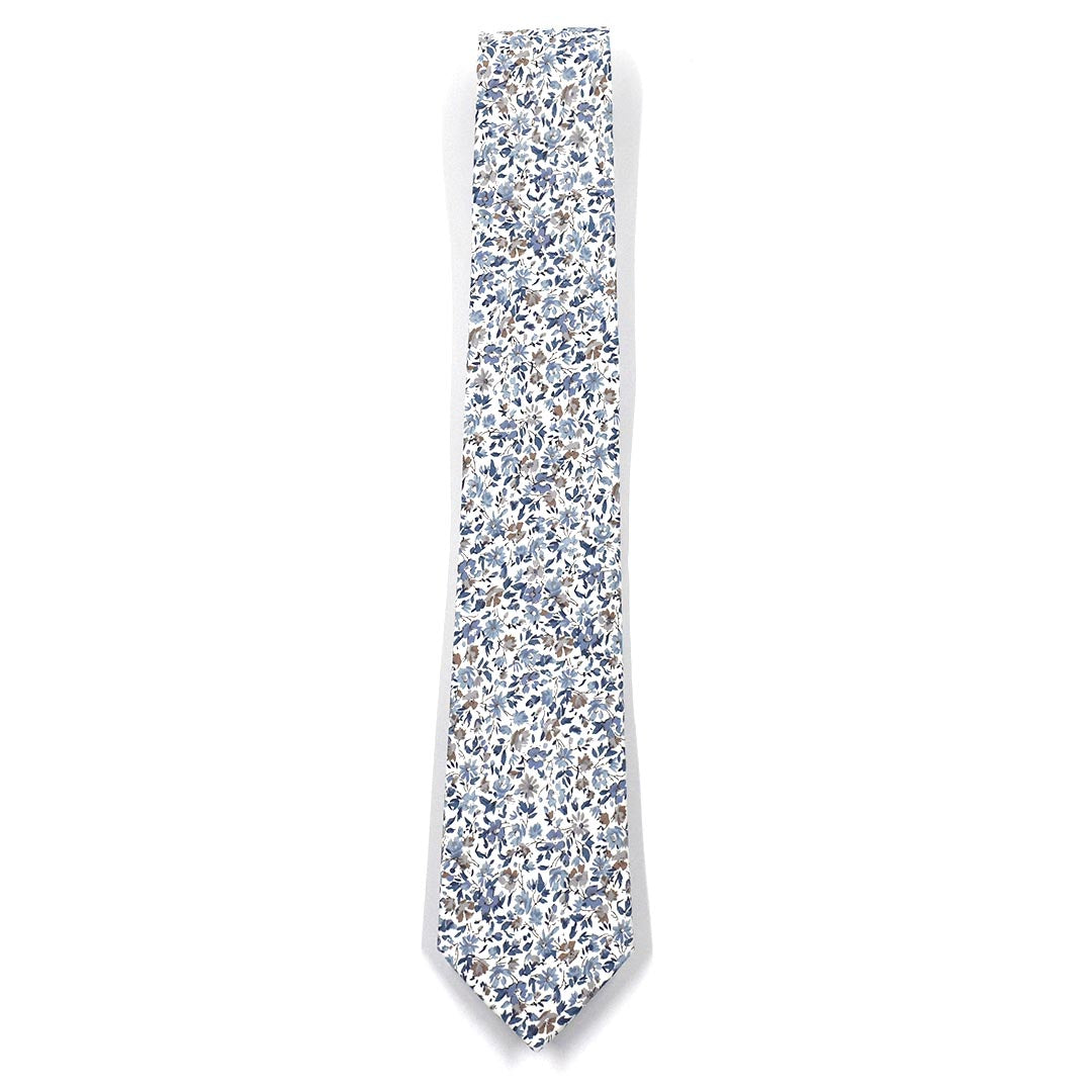 floral misty blue small print tie laid out