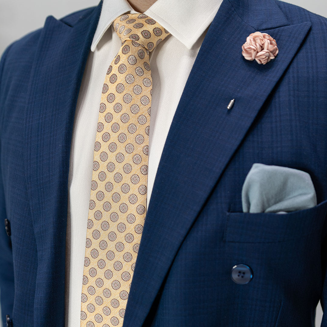 Navy suit over Royal Butter Yellow Dots Tie and a white shirt