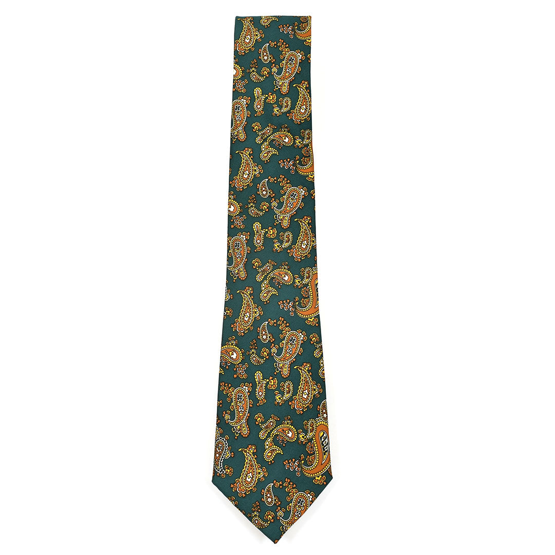 Emerald Green necktie with gold paisley pattern on a white background