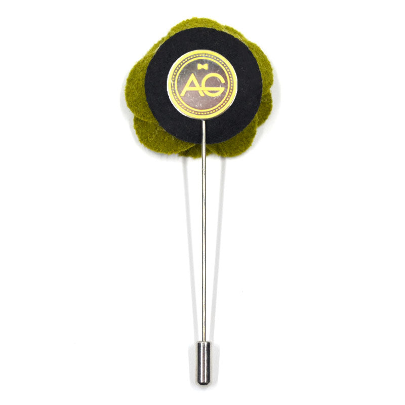 Floral Snow White Olive lapel pin, back view showing the Art of the Gentleman logo