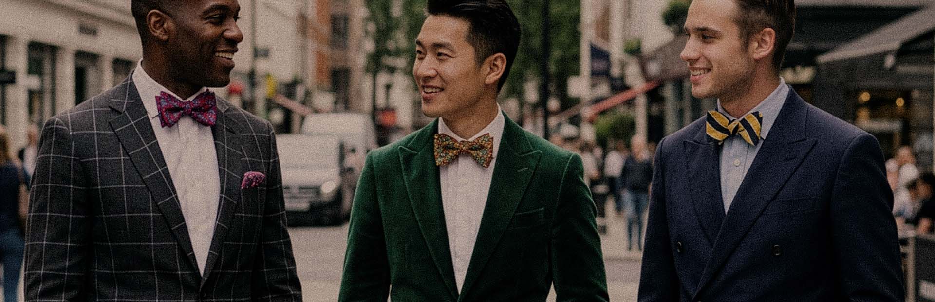 3 men wearing suits and bow ties in a city setting