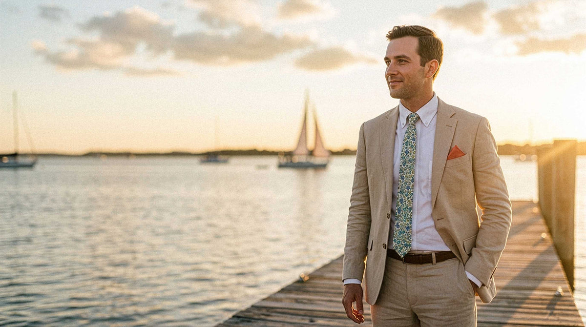 Man standing on a dock at sunset wearing a tan suit and floral tie