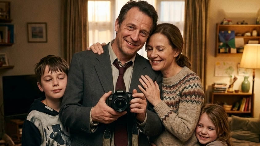 Family of four indoors, with a man holding a camera, in a warm and cozy living room.