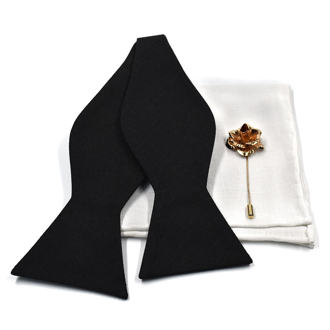 Black Herringbone Wedding Bow Tie Set