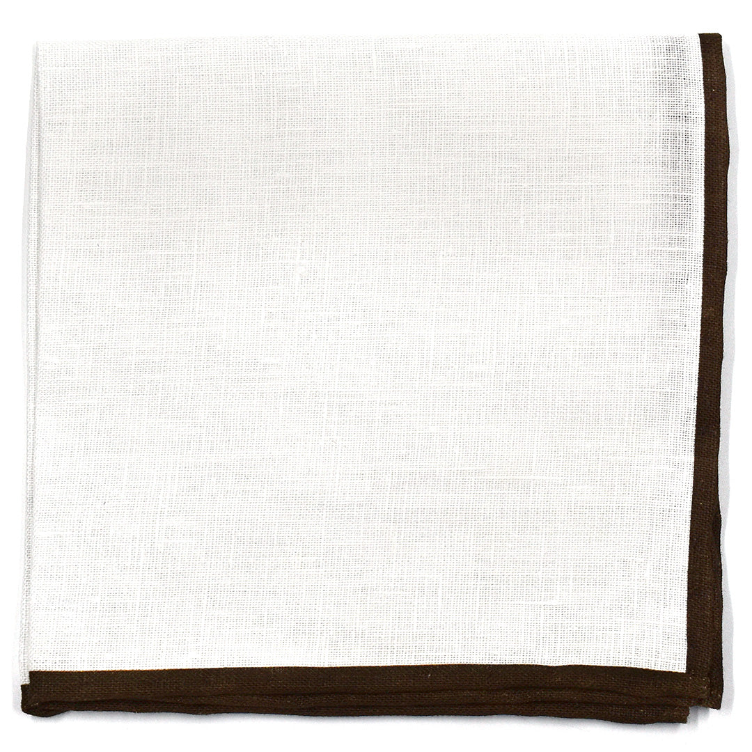 Brown Border White Linen Pocket Square