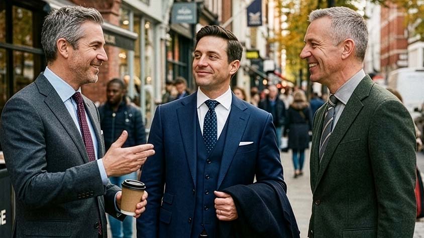 Three men in suits standing on a city street, engaged in conversation.