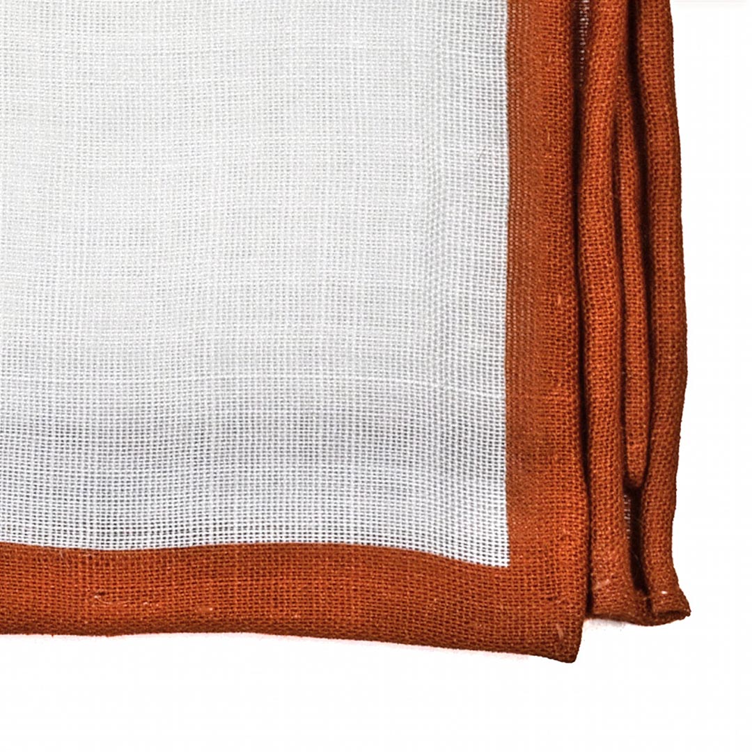Close up linen texture detail of Cinnamon Orange Border Linen pocket square