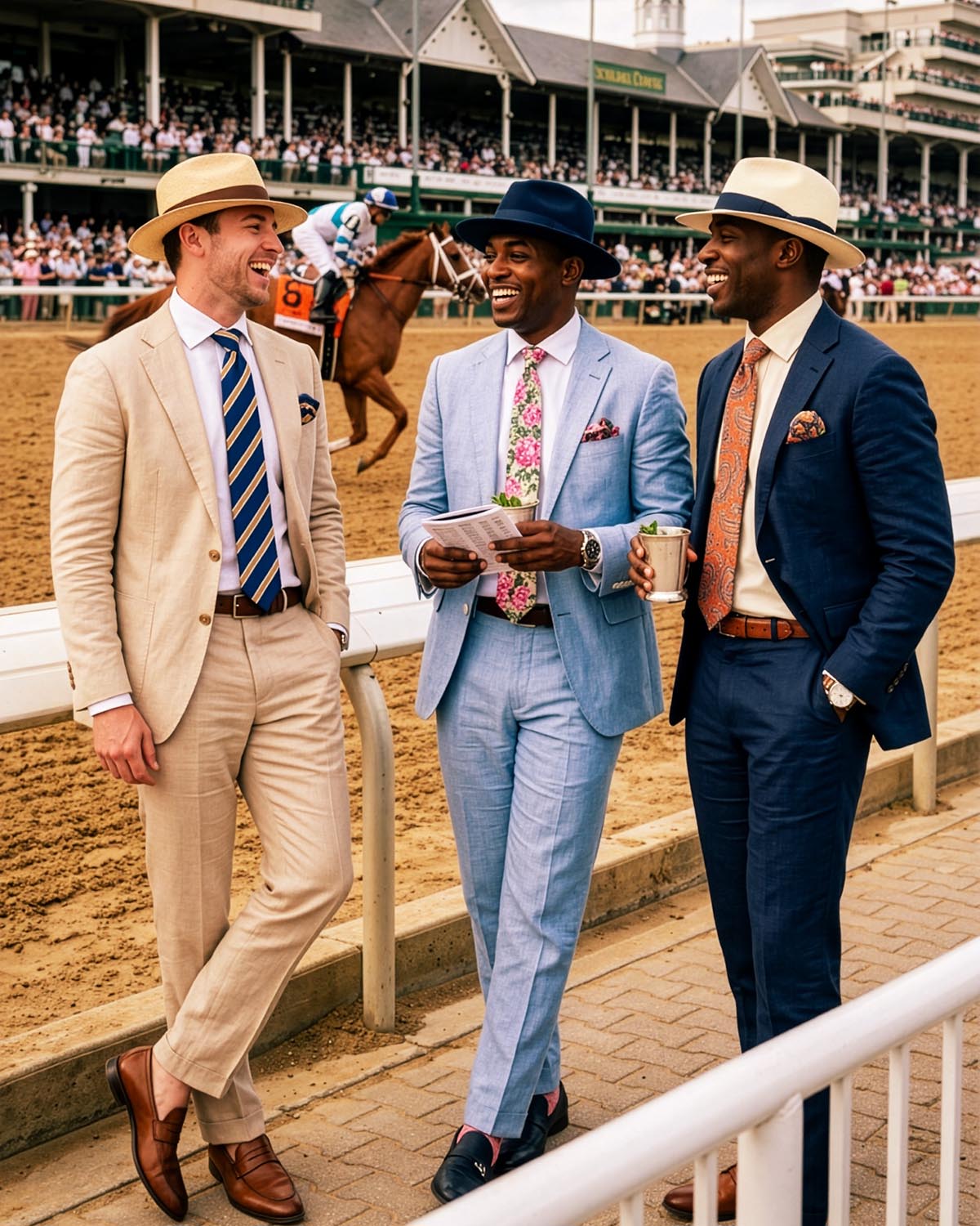 Three men in suits standing on a race track with horses and spectators in the background.