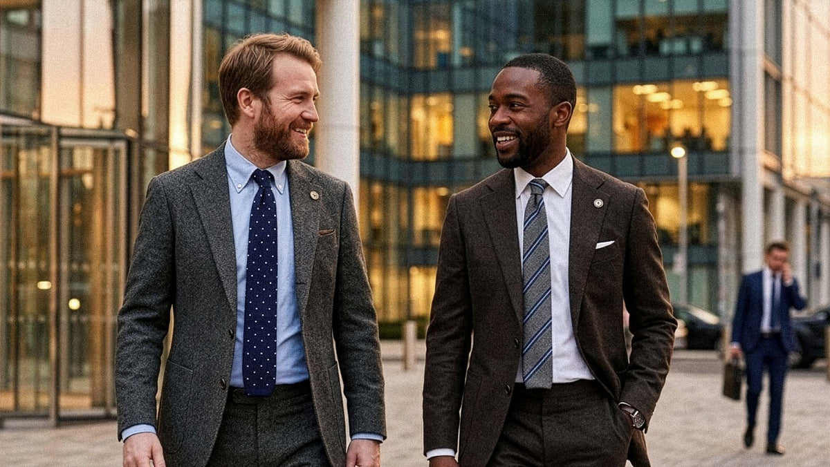 Two men in suits walking outdoors with a modern building in the background