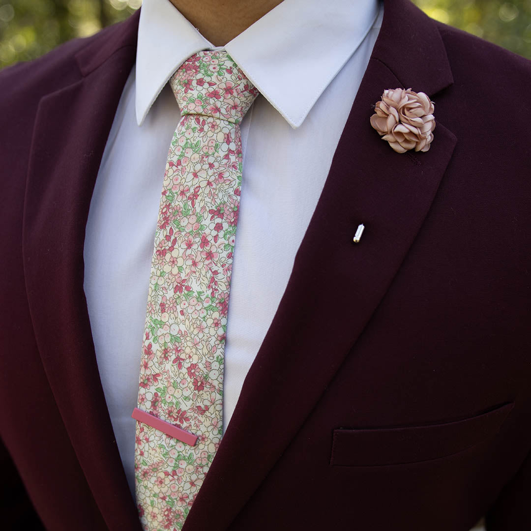 Maroon suit with Floral Coral Wedding Tie