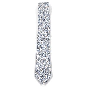 floral misty blue small print tie laid out