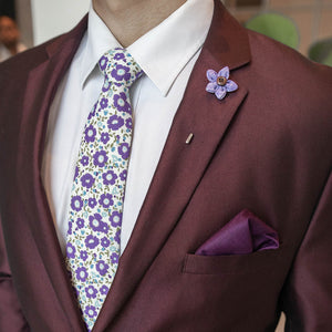 Floral White Lavender Tie Set with a burgundy suit