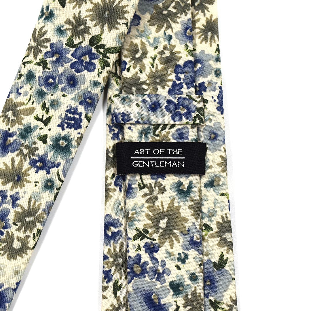 Floral blue cream tie