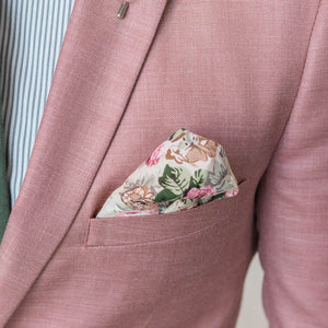 Floral Beige Carnation Pocket Square in a pink suit