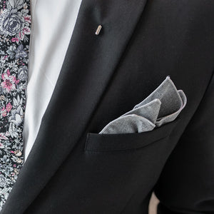 Herringbone Stitch Grey Pocket Square in a black suit pocket