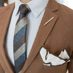 Triple stripe earth metals tie set with brown suit