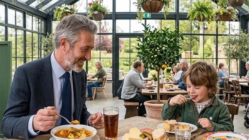 Man and child enjoying a meal together at an outdoor restaurant with large windows and greenery.