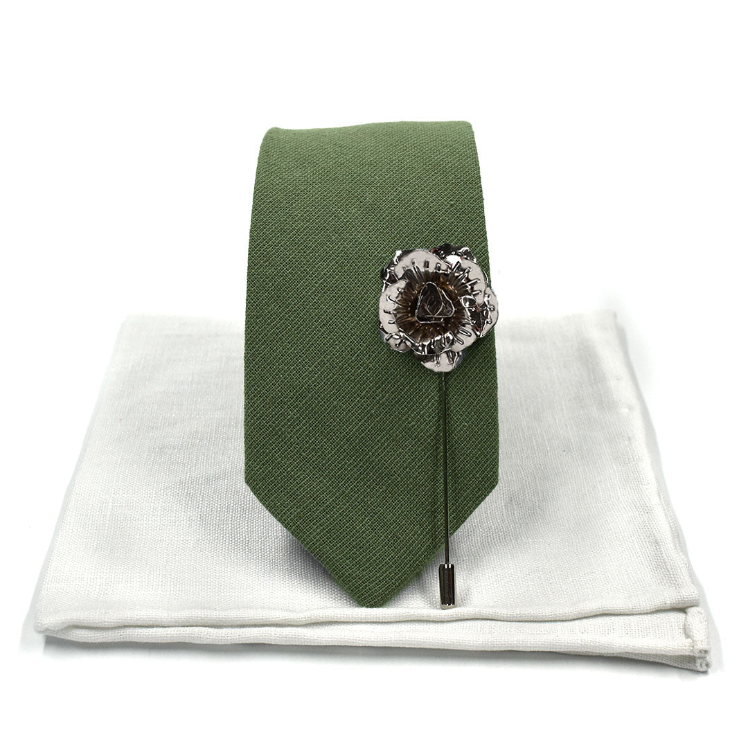 Linen Sage Green Wedding Tie Set Skinny