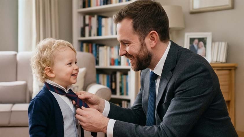 Man adjusting a child's tie in a home setting with books and furniture in the background