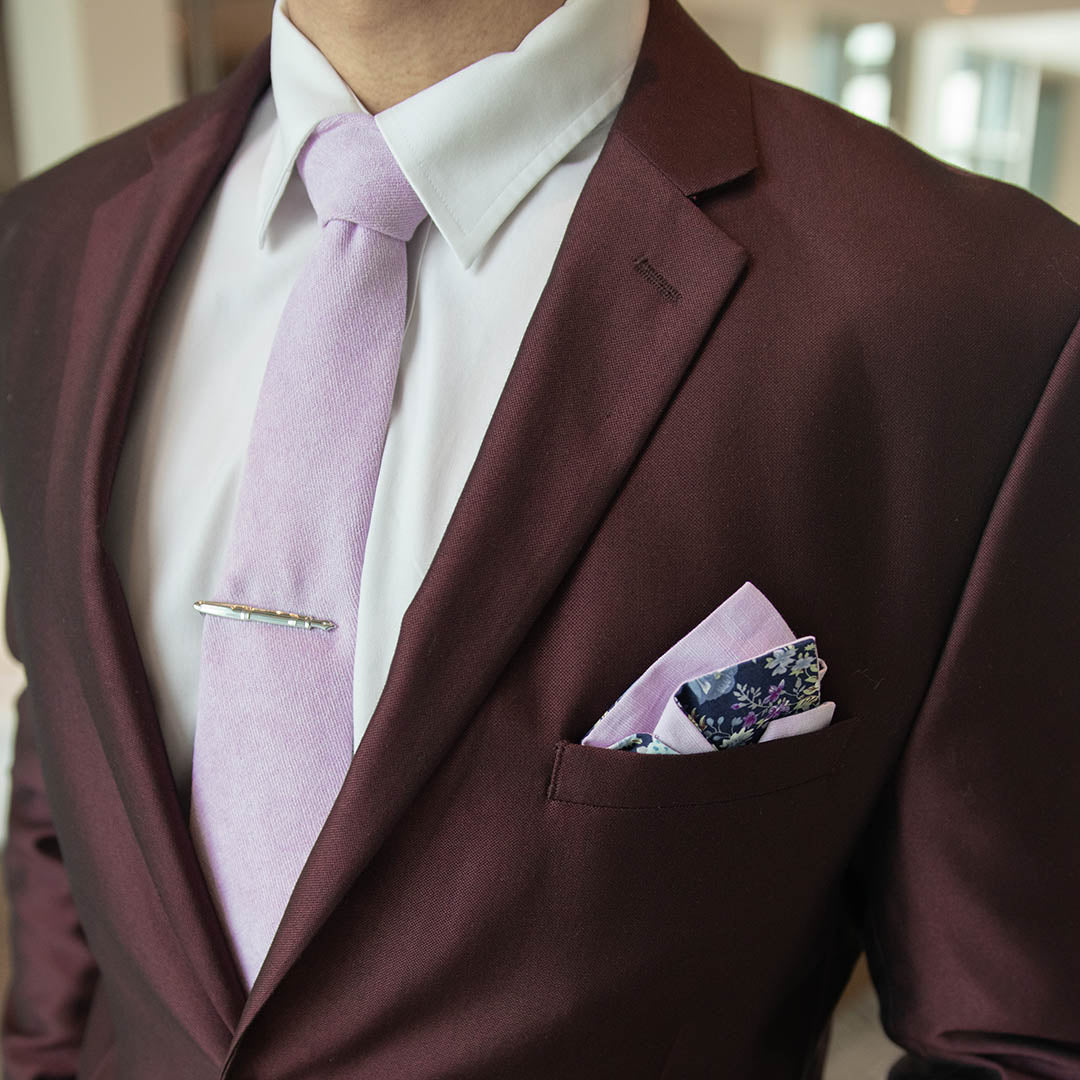 Microsuede Lavender Tie paired with a burgundy suit