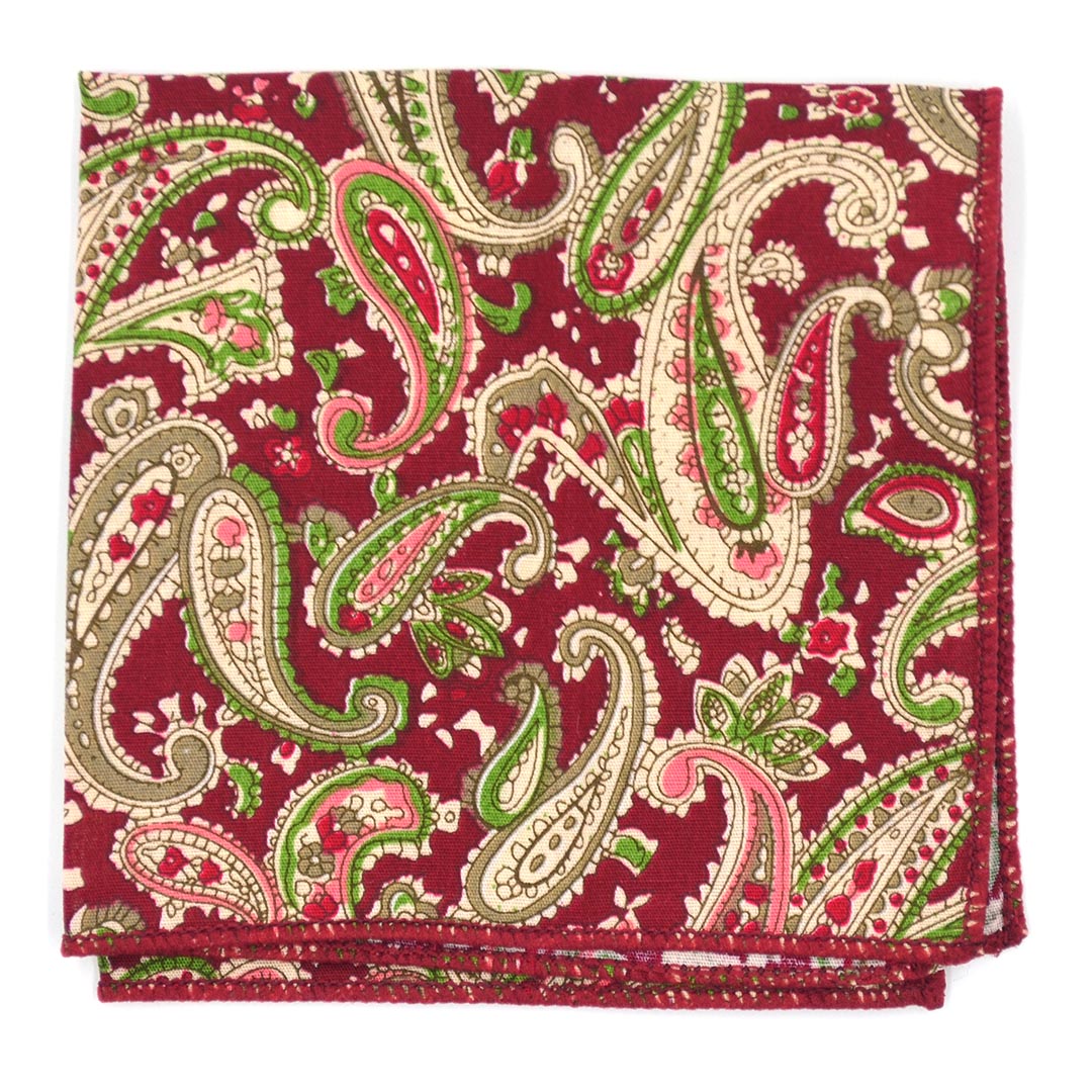 Paisley patterned pocket square of burgundy and green hues