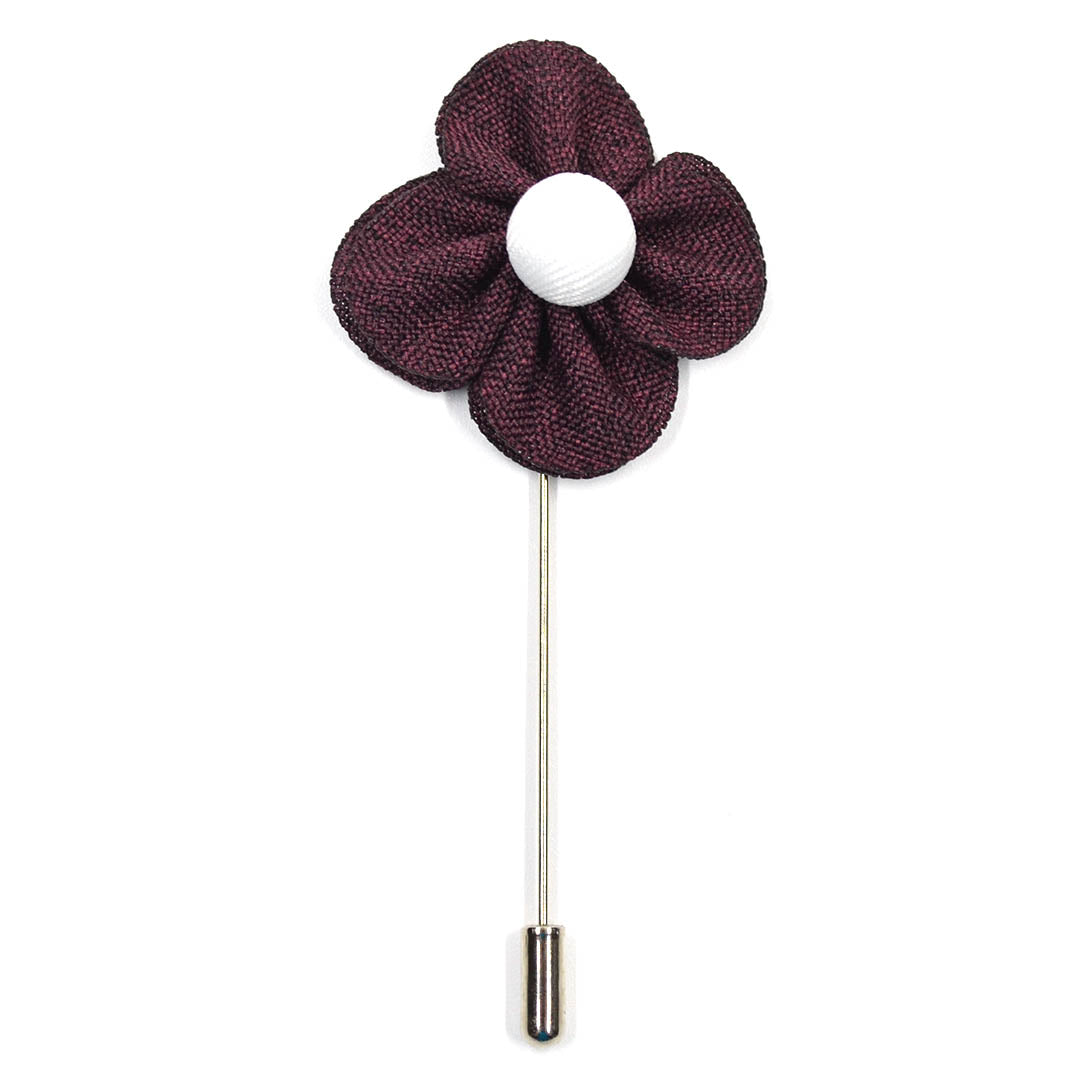 Lapel Pin Flower with 4 burgundy petals and a pearl cotton center over white background