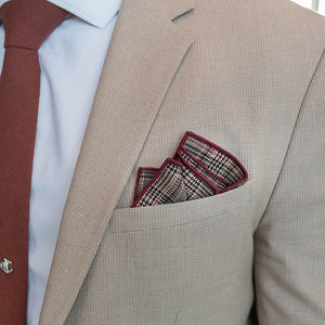 Plaid Checkmate Tan Pocket Square in a tan suit pocket