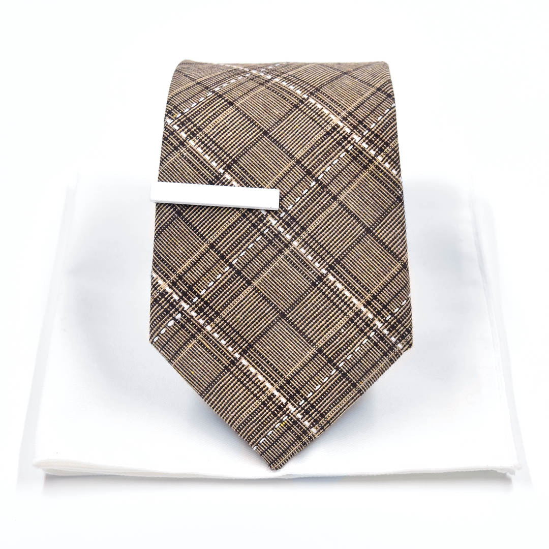 Brown plaid tie on a white background