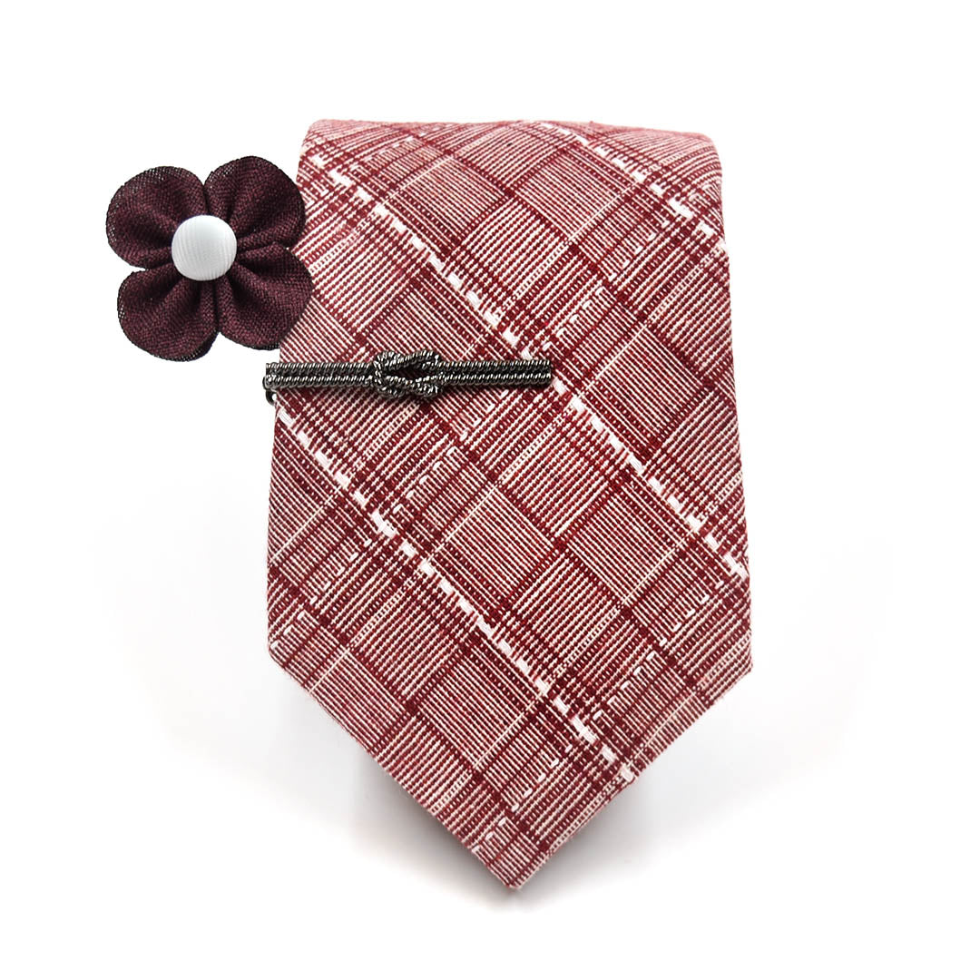 Plaid Stitches Burgundy Tie Set