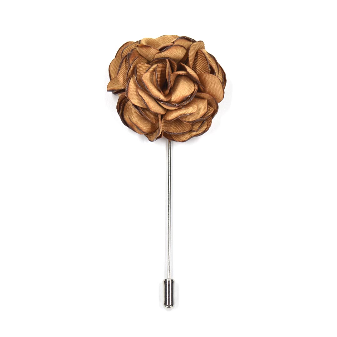Brown flower-shaped lapel pin on a white background