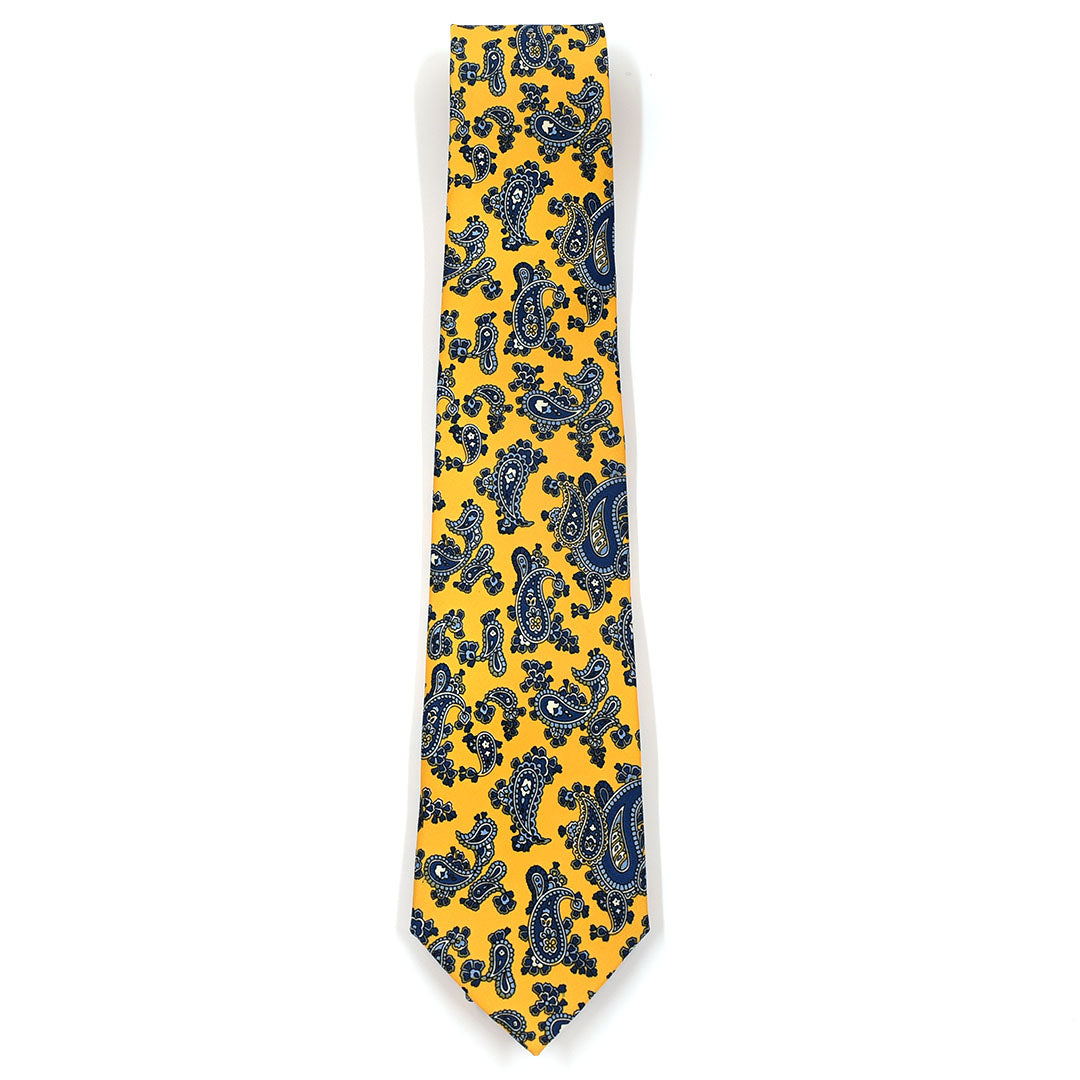 Yellow tie with blue paisley pattern on a white background