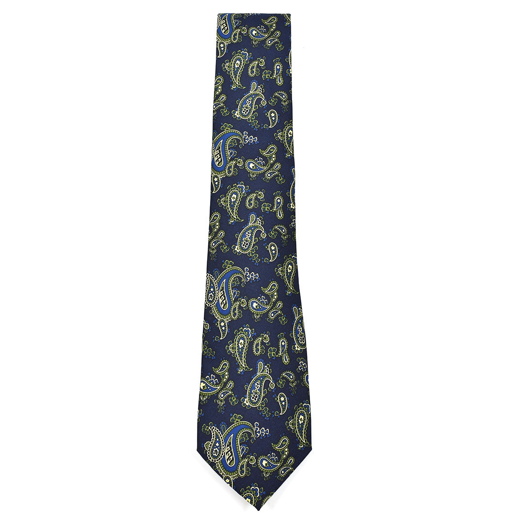 Navy blue tie with green paisley pattern on a white background