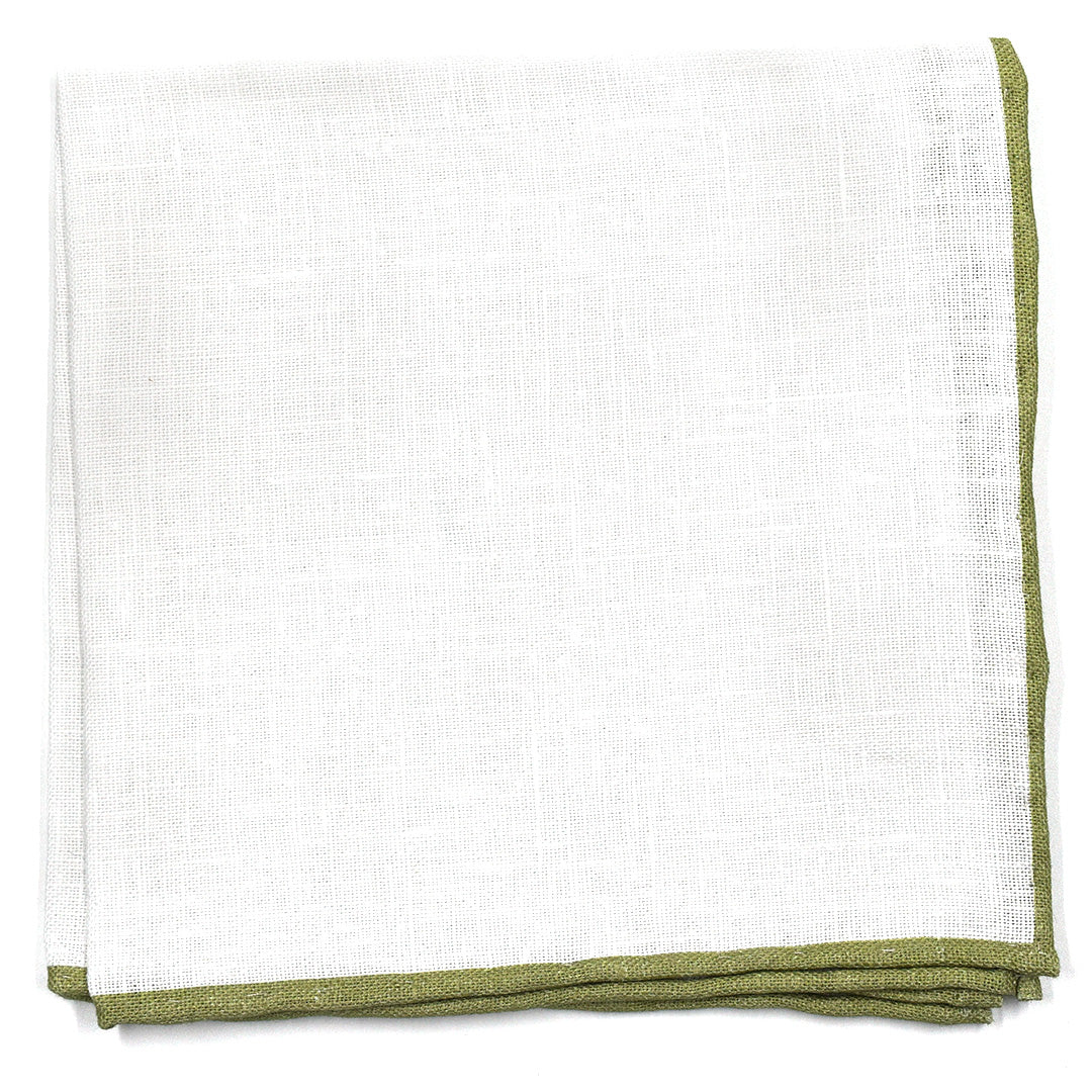 Sage green border white linen pocket square