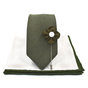Solid Olive Wedding Tie Set Skinny