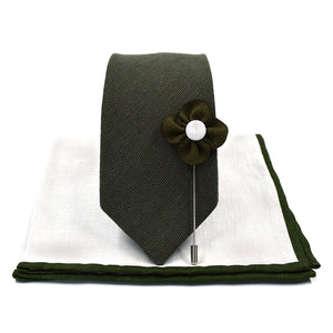 Solid Olive Wedding Tie Set Skinny