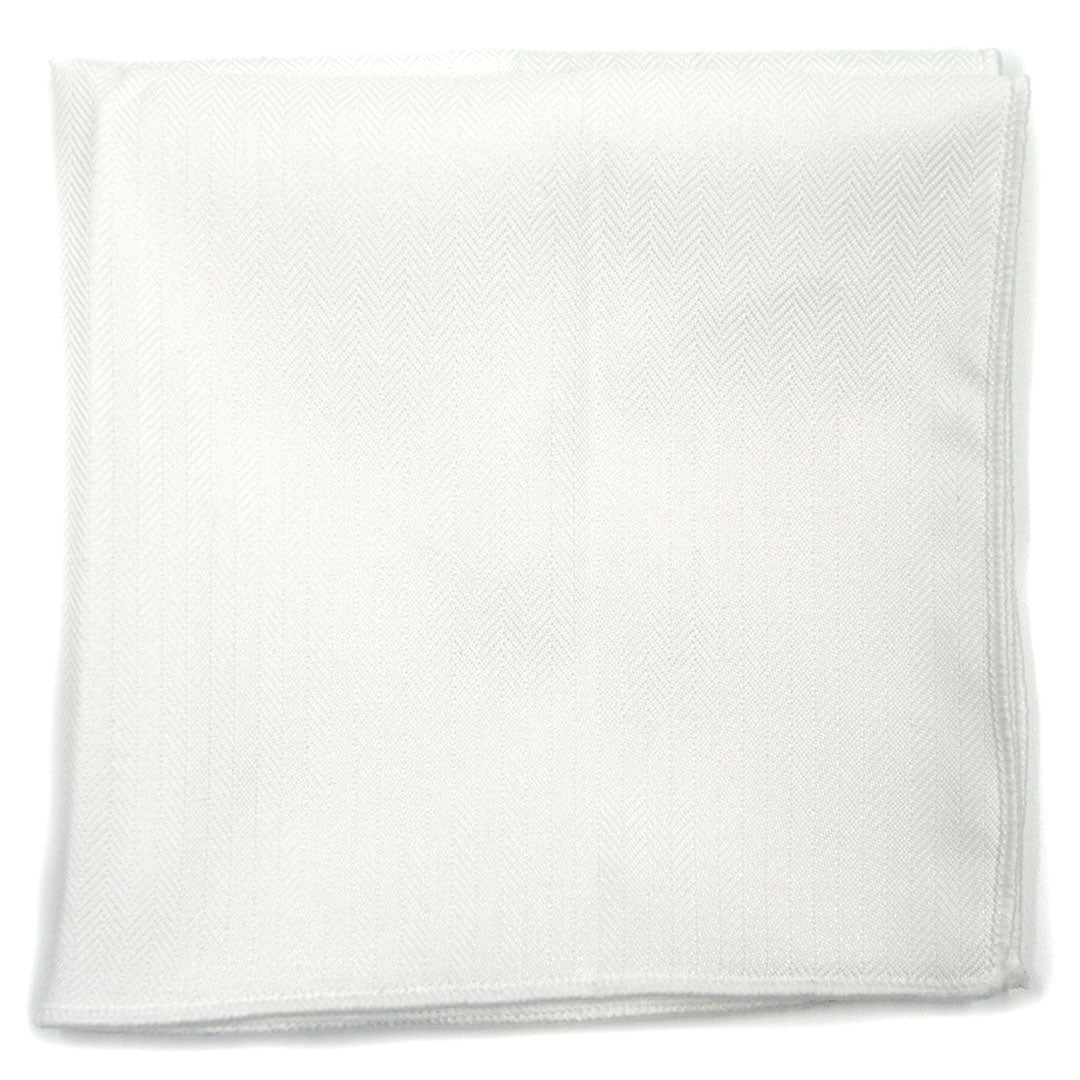 Folded White Pocket Square with subtle herringbone pattern on a white background