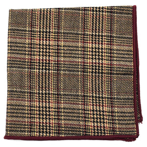 Plaid Checkmate Tan Pocket Square. Beige background with a glen check black and burgundy overlay. Burgundy border stitching.