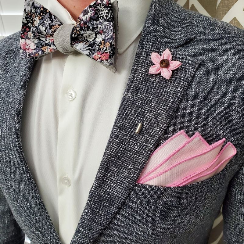 Floral Grey Linen Self Tie Bow Tie Set