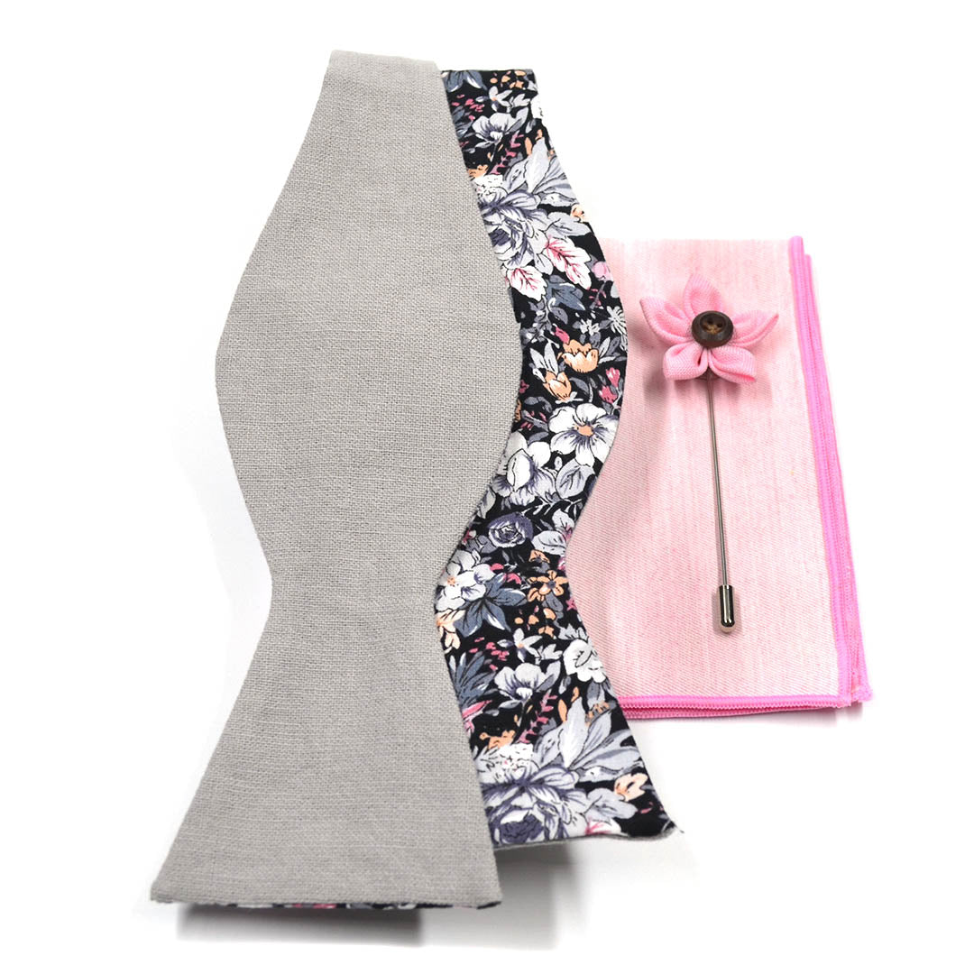 Floral Grey Linen Self Tie Bow Tie Set