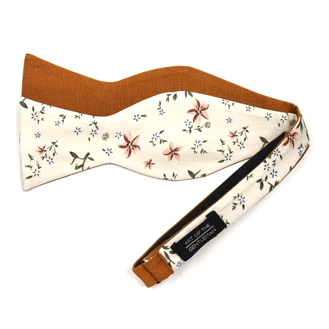 Floral Cream Linen Self Tie Bow Tie