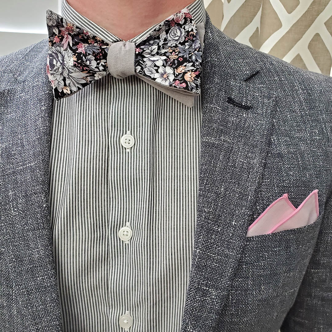 Floral Grey Linen Self Tie Bow Tie - Art of The Gentleman