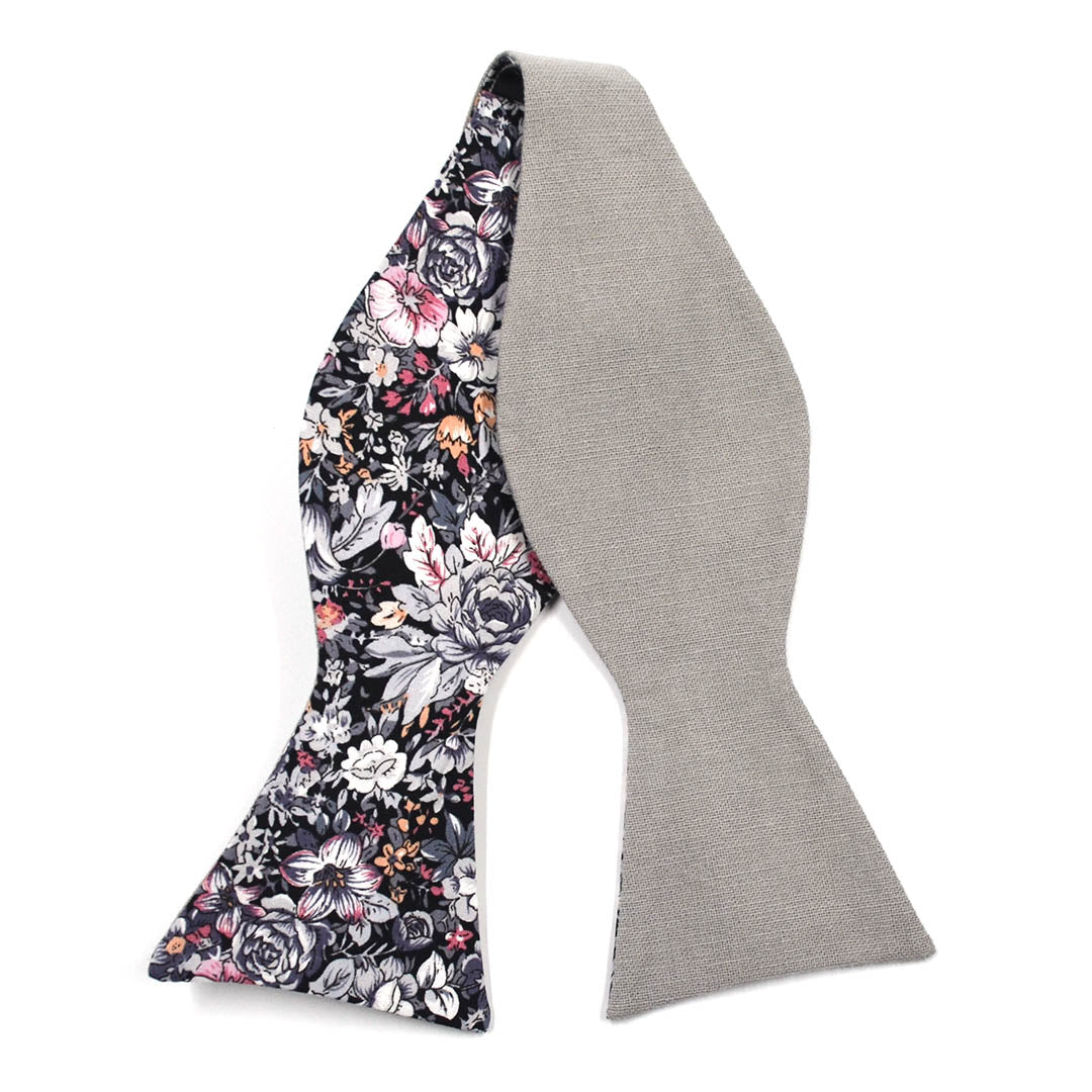 Floral Grey Linen Self Tie Bow Tie