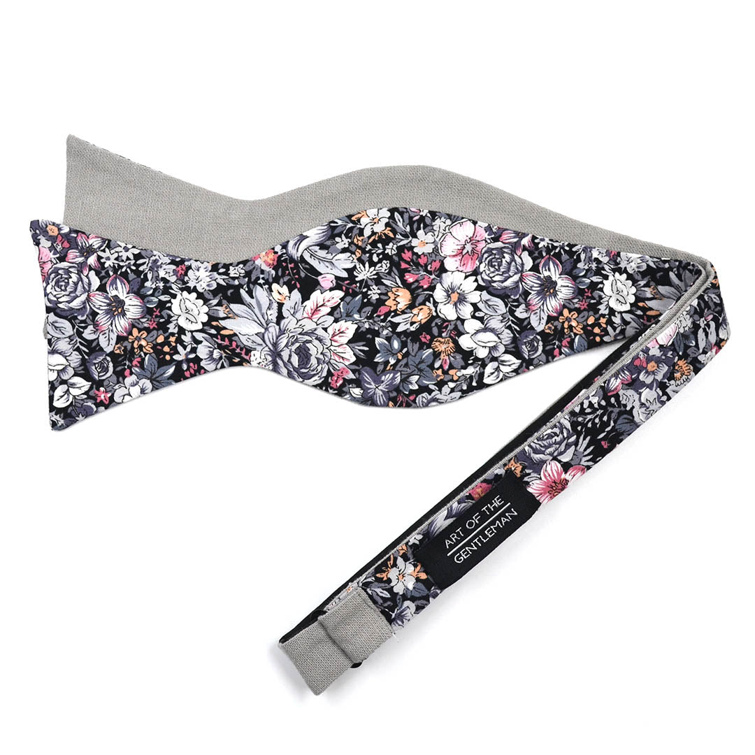 Floral Grey Linen Self Tie Bow Tie