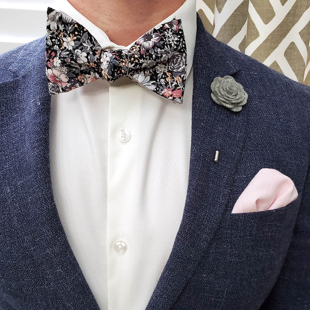 Floral Grey Linen Self Tie Bow Tie - Art of The Gentleman