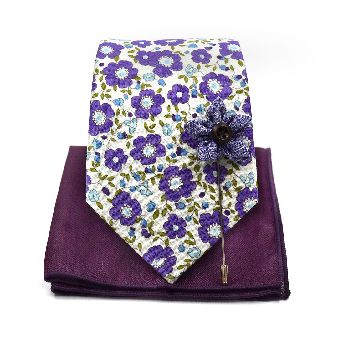 Floral White Lavender Tie Set Traditional