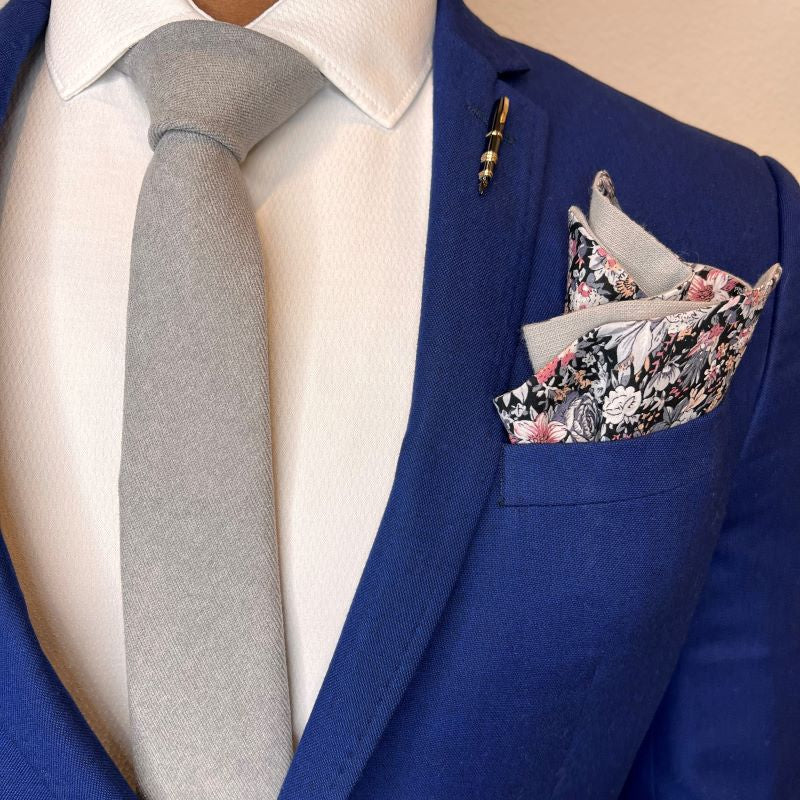 Floral Grey Linen Reversible Pocket Square