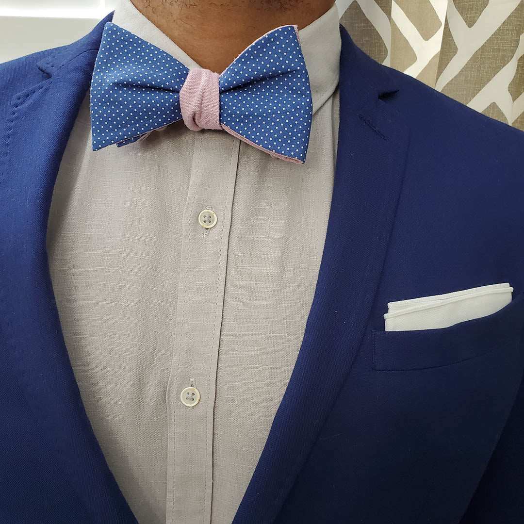Polka Dot Blue Linen Self Tie Bow Tie