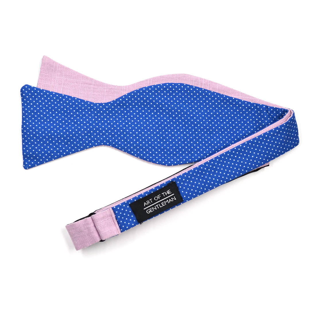 Polka Dot Blue Linen Self Tie Bow Tie