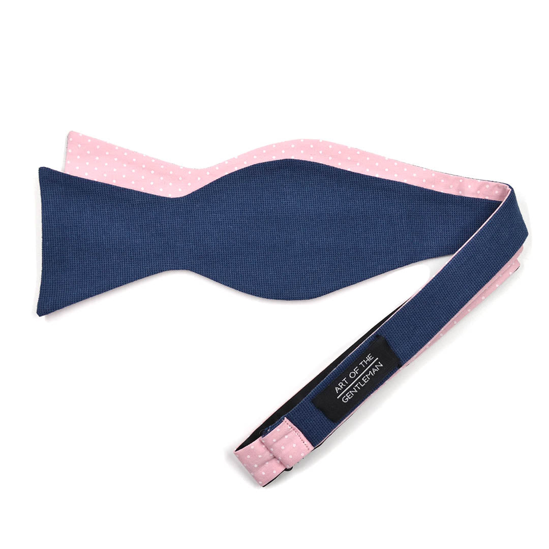 Polka Dot Navy Linen Self Tie Bow Tie